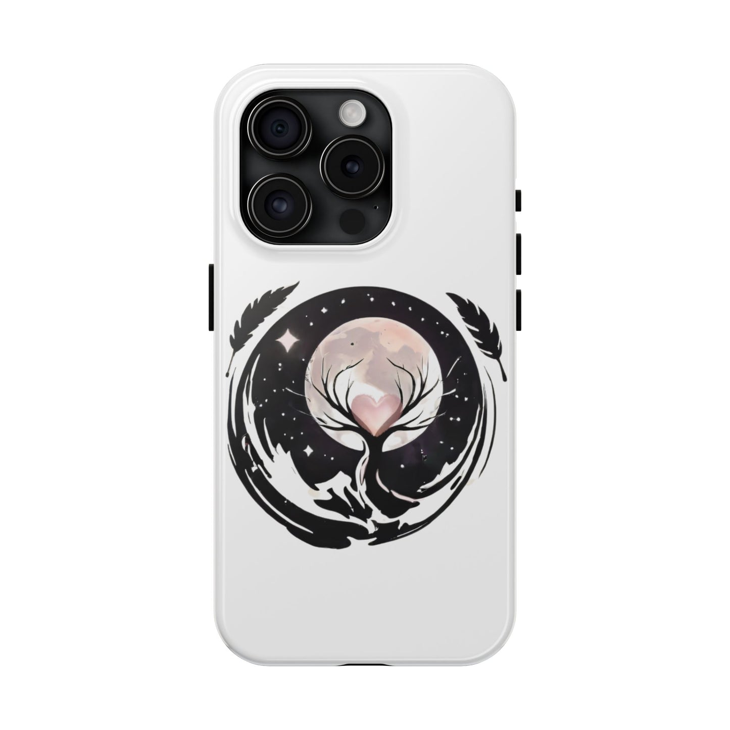 Phone Case - Pink Moon and Heart Nightscape Design, Romantic Whimsical