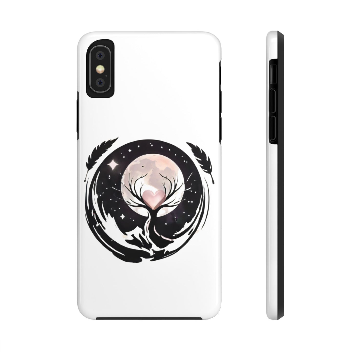 Phone Case - Pink Moon and Heart Nightscape Design, Romantic Whimsical