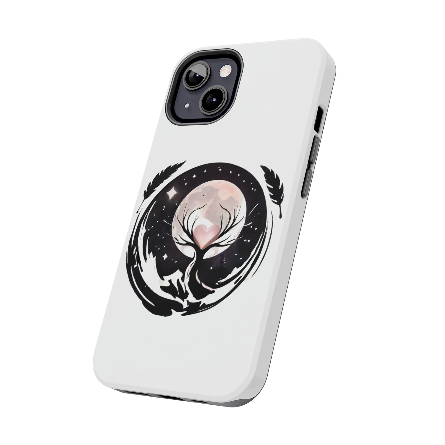 Phone Case - Pink Moon and Heart Nightscape Design, Romantic Whimsical