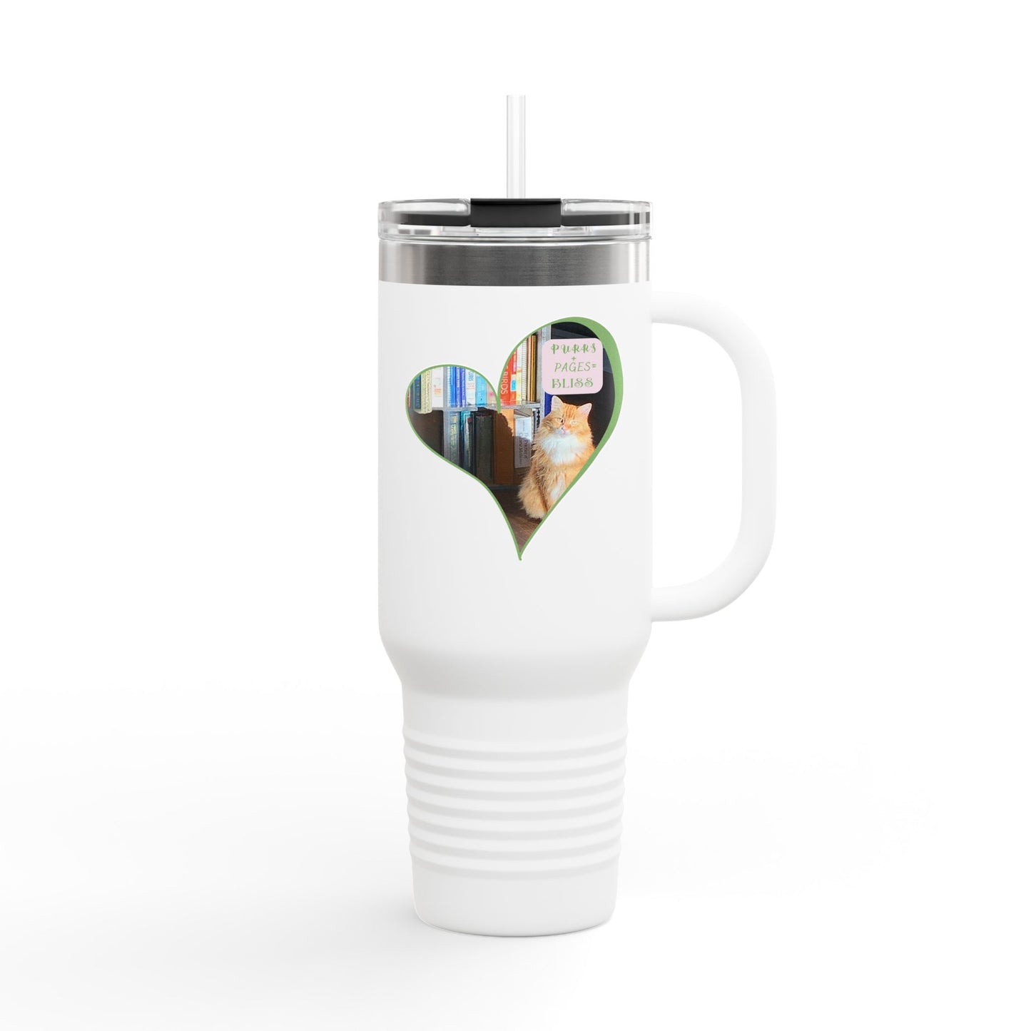 Insulated Travel Mug — "Pages and Purrs Equals Bliss" Cat & Book Lover Tumbler