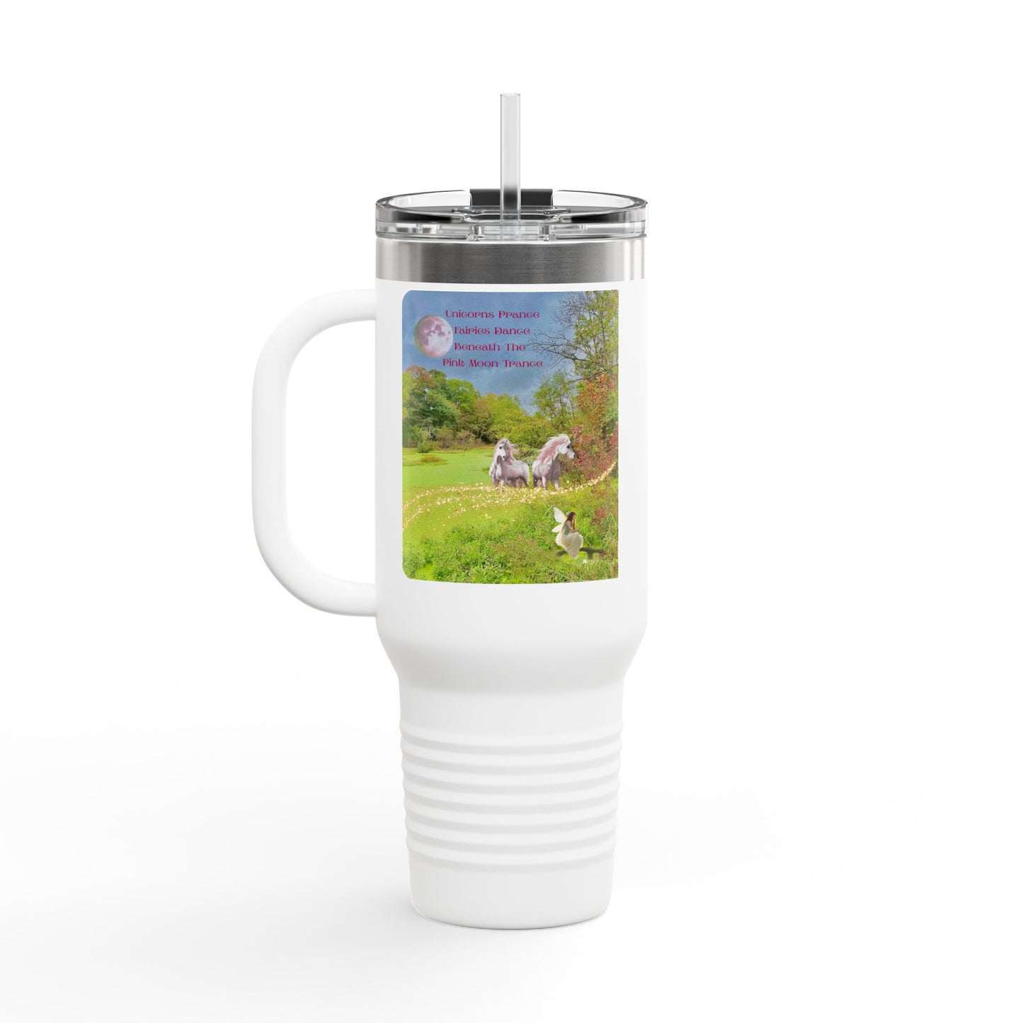 40oz Insulated Travel Mug - Whimsical Unicorn and Fairy Autumn Vibe Nature Scene