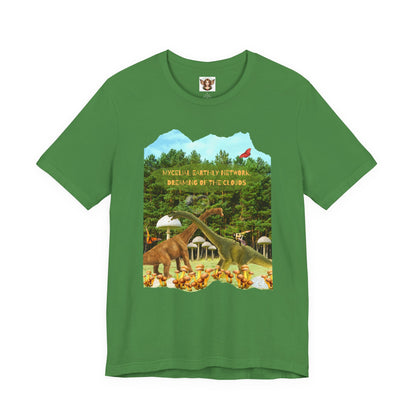 Short Sleeve Tee - Whimsical Dinosaur Forest Design, Mycelial Earthly Network Quote