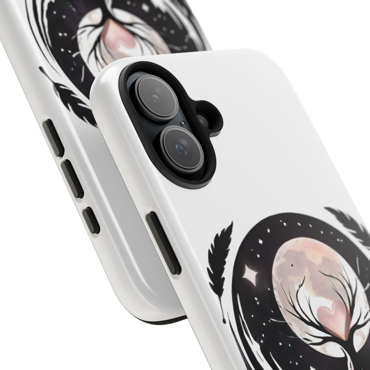 Phone Case - Pink Moon and Heart Nightscape Design, Romantic Whimsical