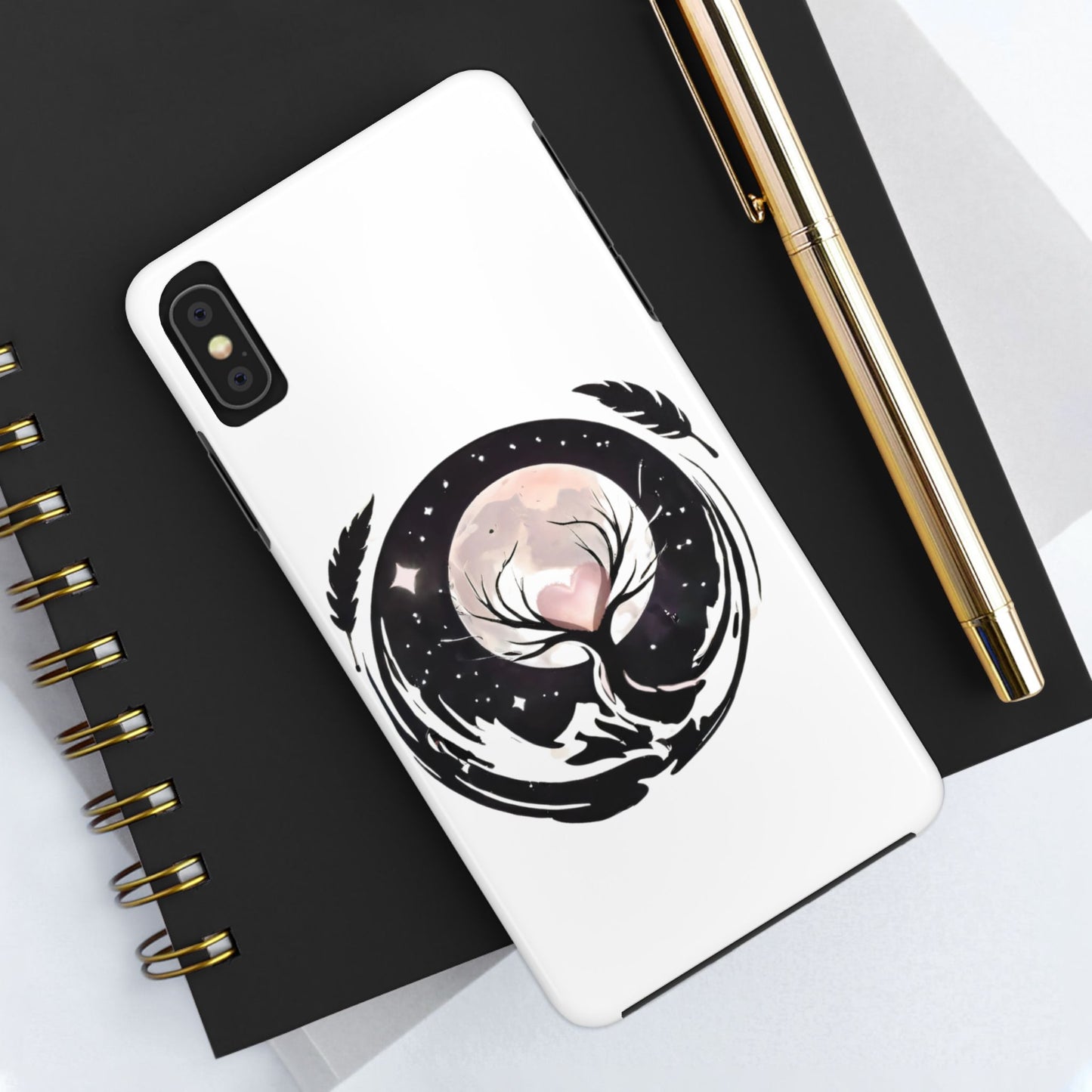 Phone Case - Pink Moon and Heart Nightscape Design, Romantic Whimsical