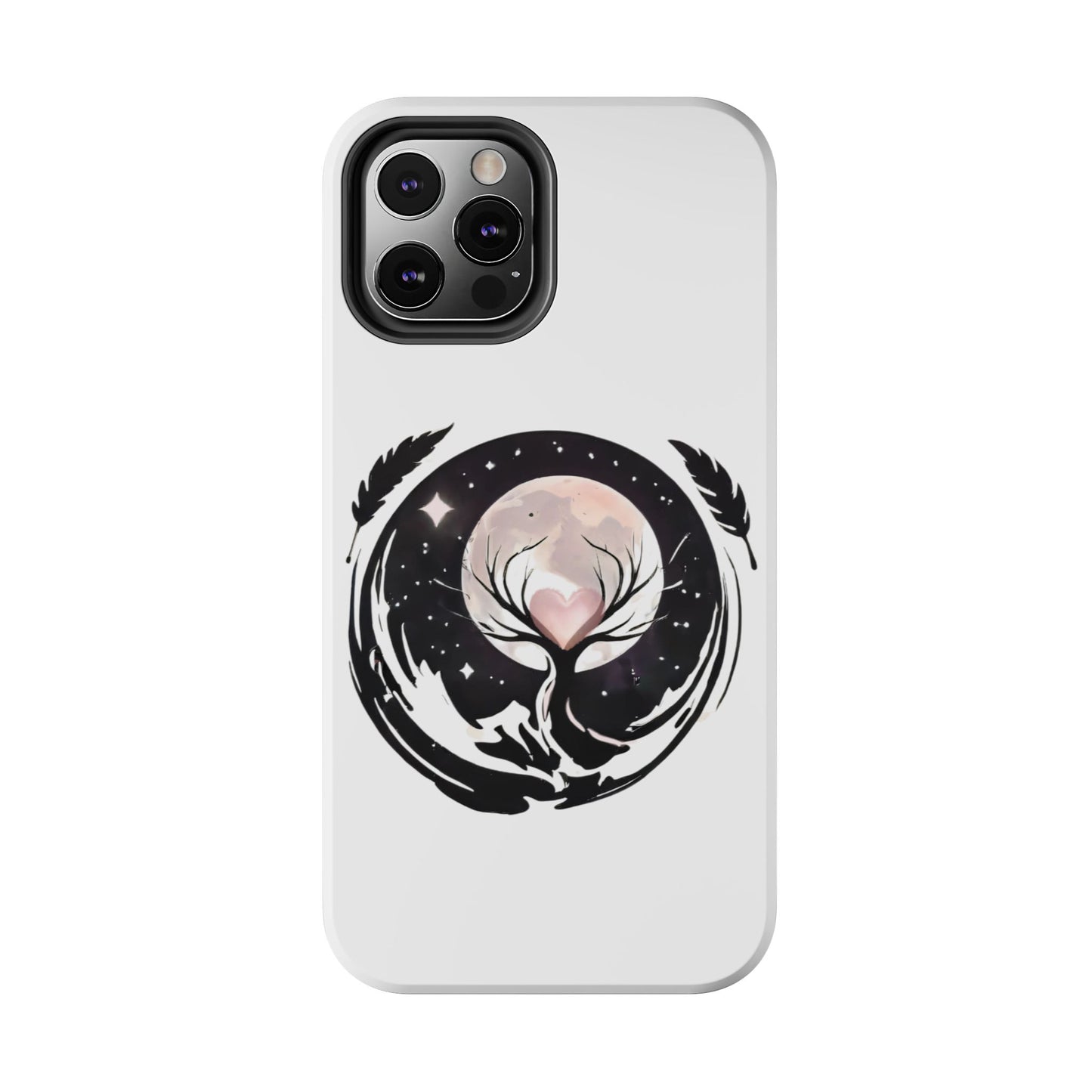 Phone Case - Pink Moon and Heart Nightscape Design, Romantic Whimsical