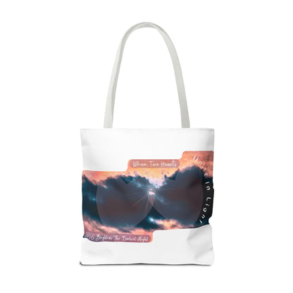 Inspirational Stormy Sky Tote Bag — "When Two Hearts Unite in Light"