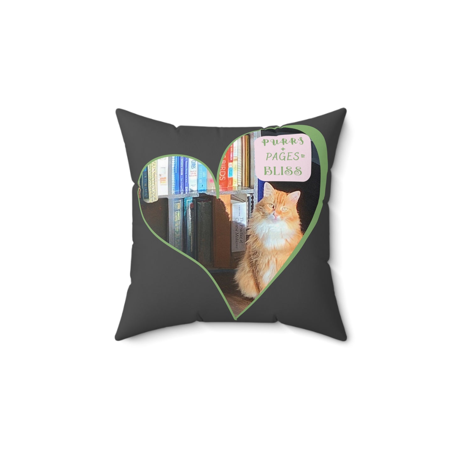 Cat And Book Lover Throw Pillow — "Purrs and Pages Equals Bliss"