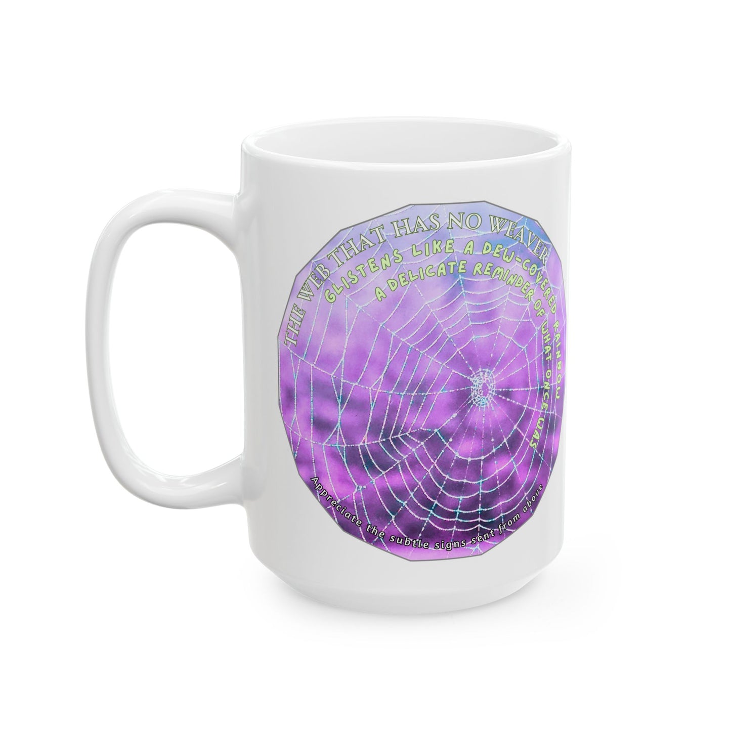 Nature-Themed Mug Featuring A Glistening Web And Poetry