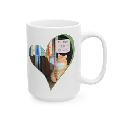 Cat & Book Lover Ceramic Mug — "Purrs and Pages Equals Bliss" (11oz/15oz)
