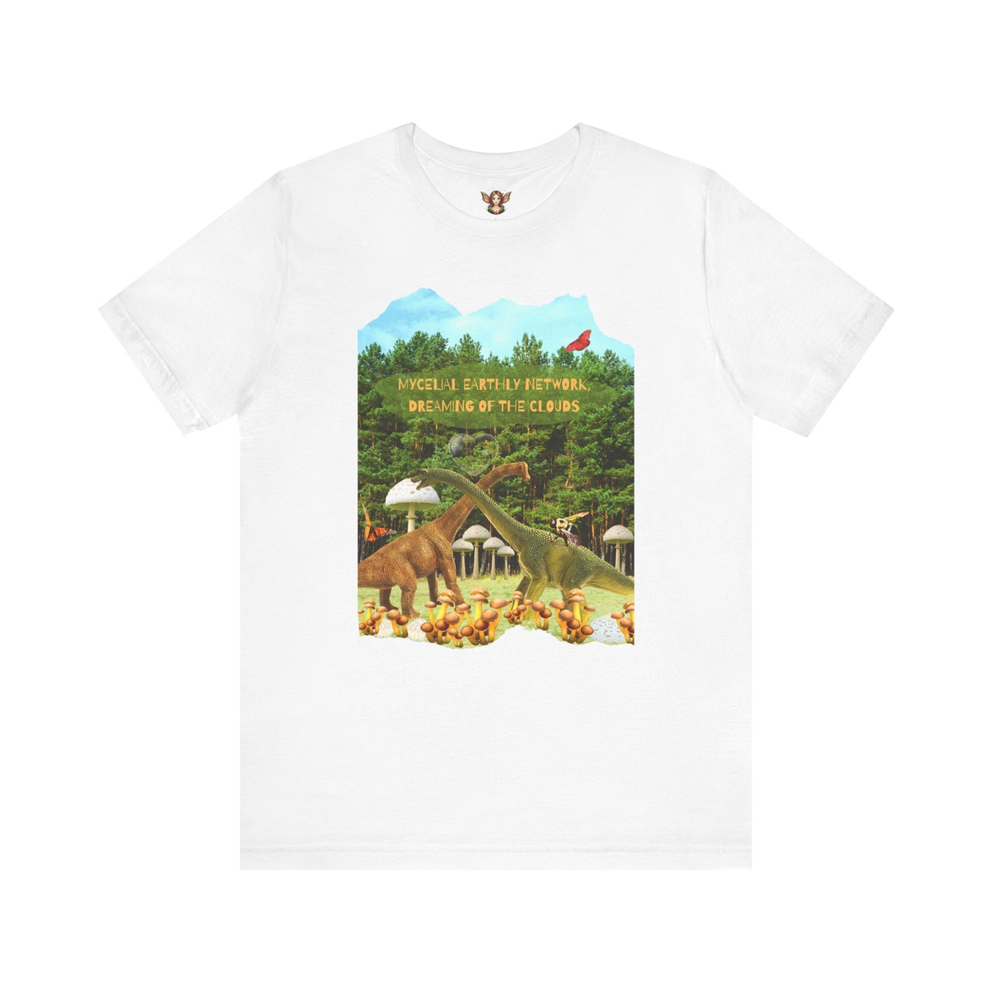 Short Sleeve Tee - Whimsical Dinosaur Forest Design, Mycelial Earthly Network Quote