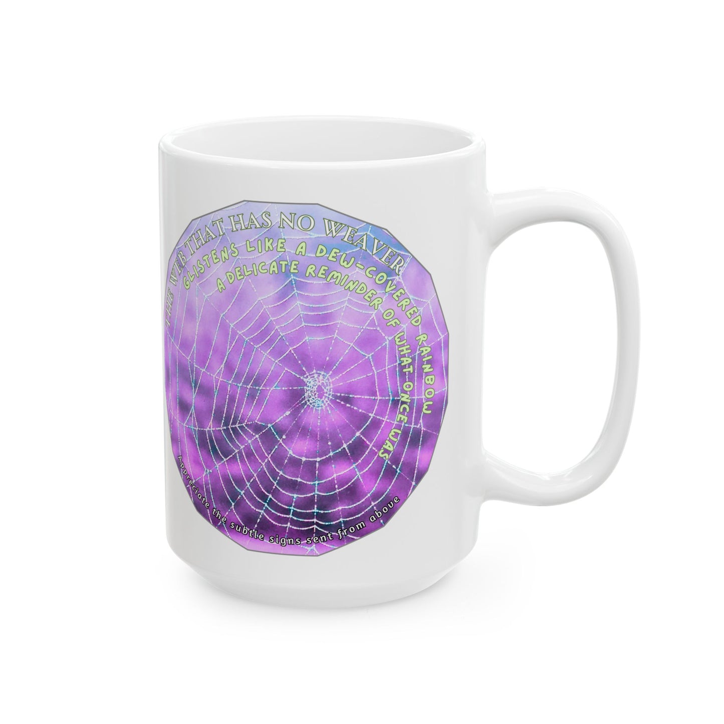 Nature-Themed Mug Featuring A Glistening Web And Poetry