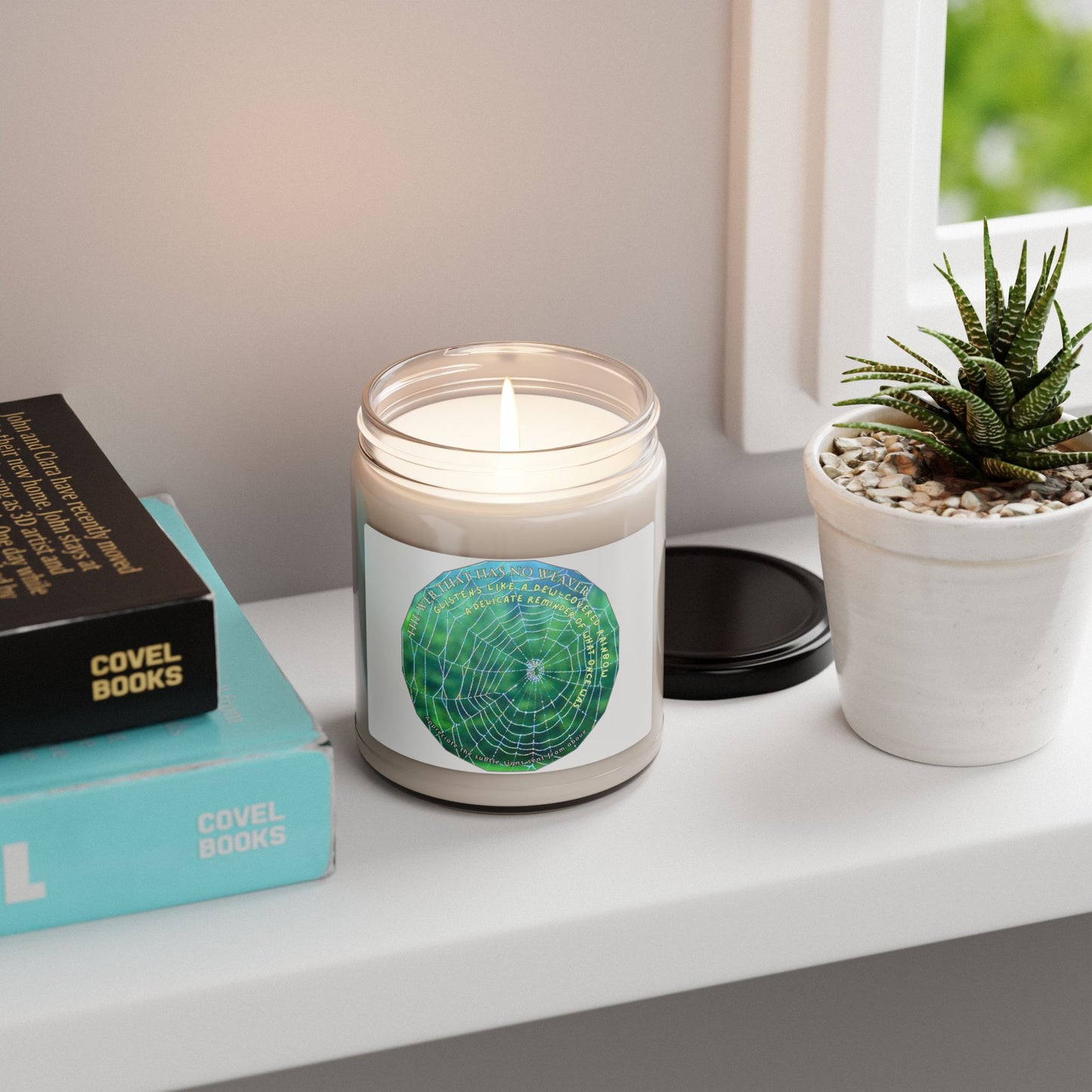 Nature-Themed Soy Candle- Featuring A Glistening Web And Poetry