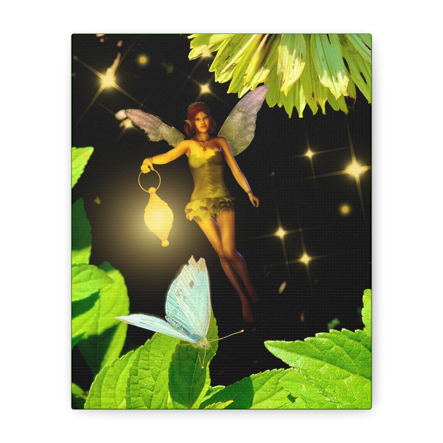 Fairy And Blue Butterfly In A Flower Garden- Canvas Wall Art