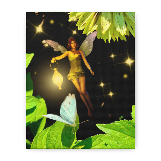 Fairy And Blue Butterfly In A Flower Garden- Canvas Wall Art