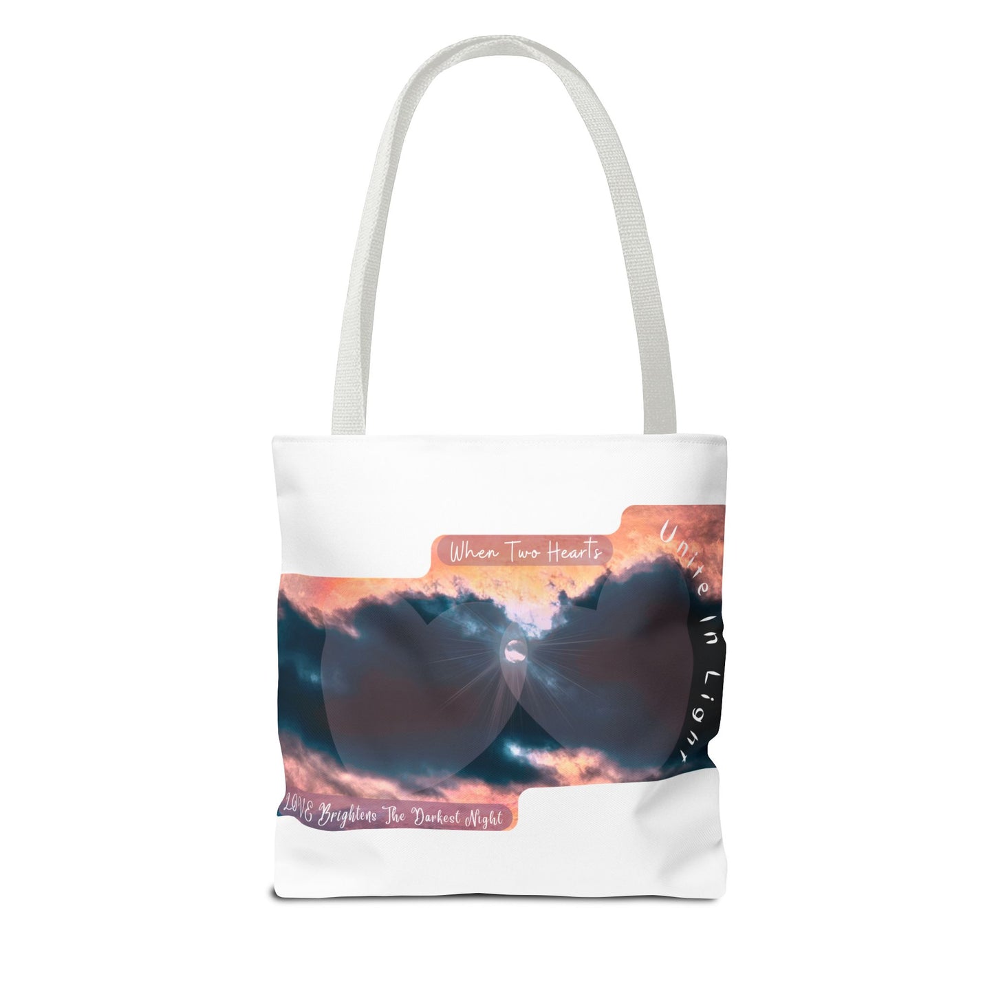 Inspirational Stormy Sky Tote Bag — "When Two Hearts Unite in Light"