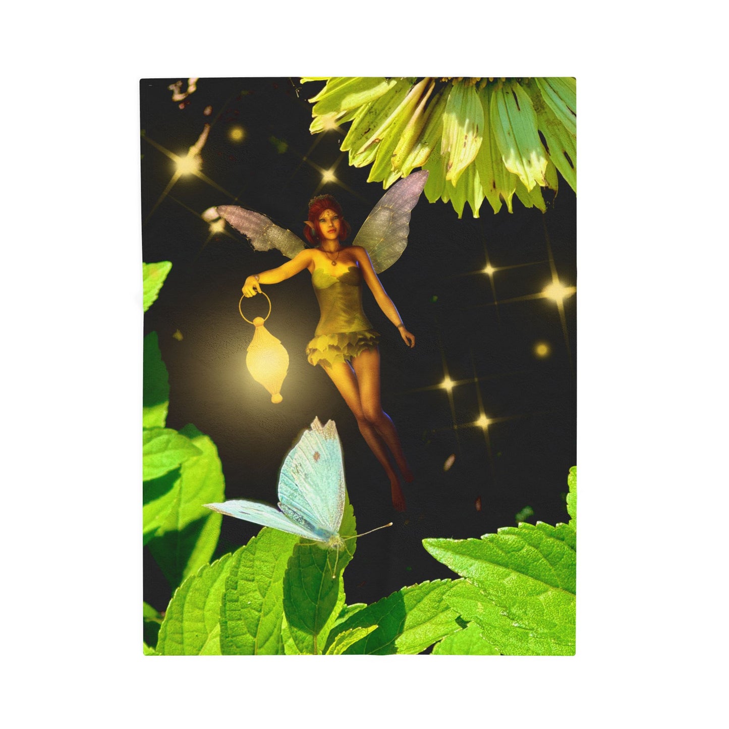 Fairy And Blue Butterfly In A Flower Garden- Velveteen Plush Blanket