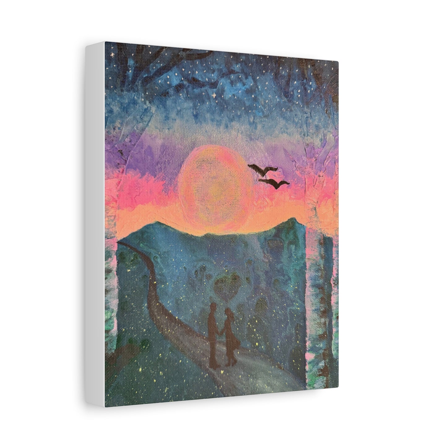 Canvas Wall Art - Enchanting Glowing Moon and Stars with Loving Couple and Fireflies Design