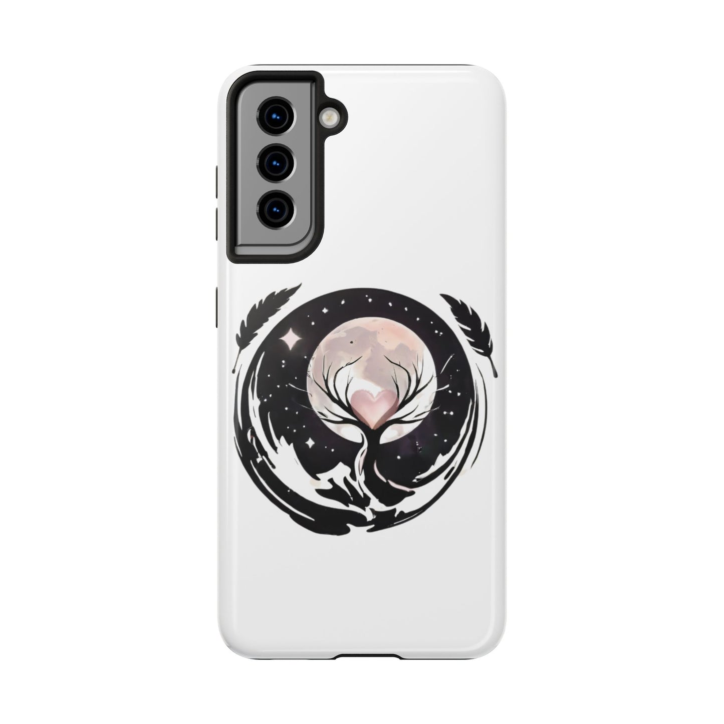 Phone Case - Pink Moon and Heart Nightscape Design, Romantic Whimsical