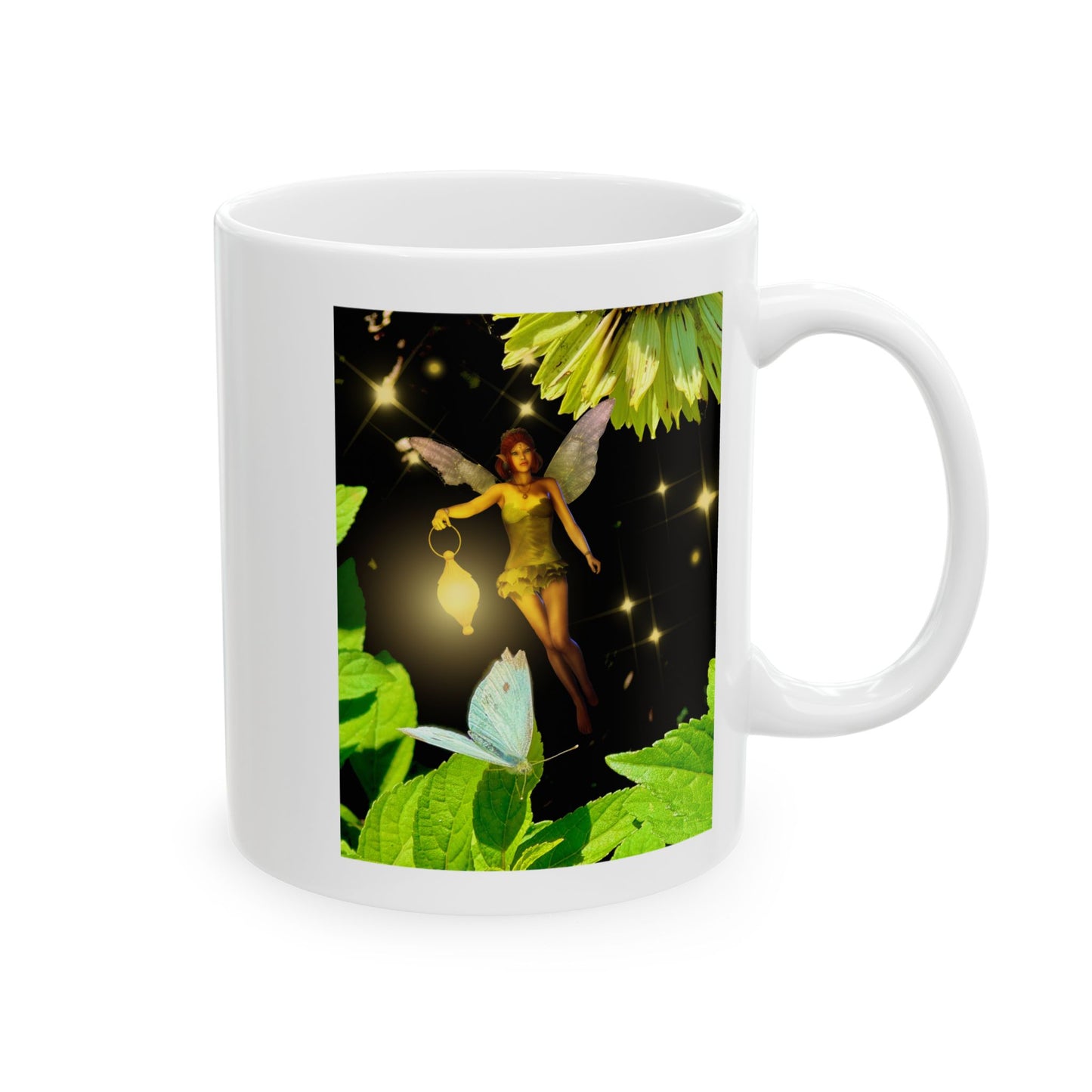 Fairy And Blue Butterfly In A Flower Garden- Ceramic Mug