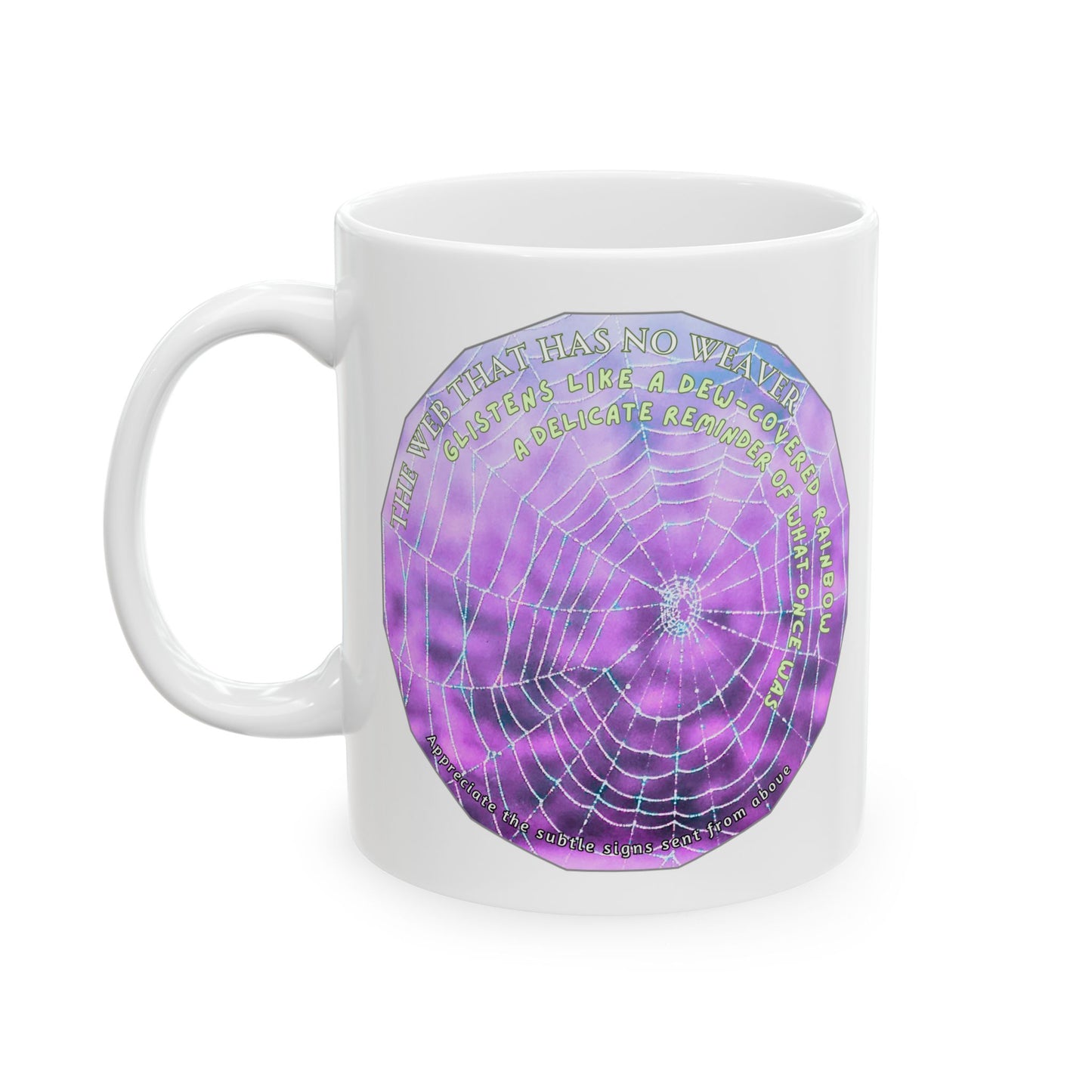 Nature-Themed Mug Featuring A Glistening Web And Poetry