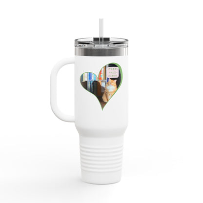 Insulated Travel Mug — "Pages and Purrs Equals Bliss" Cat & Book Lover Tumbler