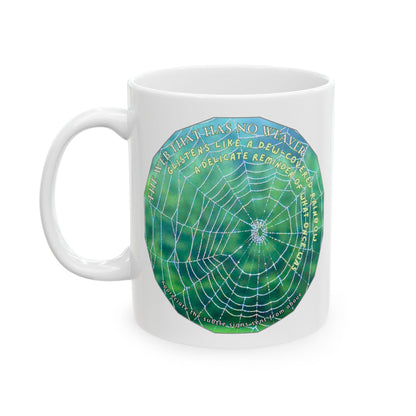 Nature-Themed Mug Featuring A Glistening Web And Poetry
