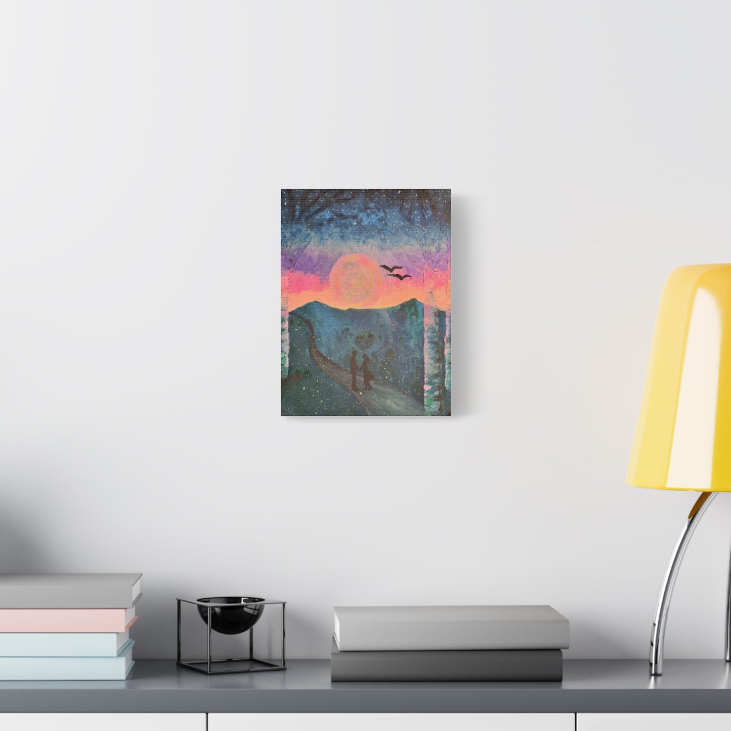 Canvas Wall Art - Enchanting Glowing Moon and Stars with Loving Couple and Fireflies Design