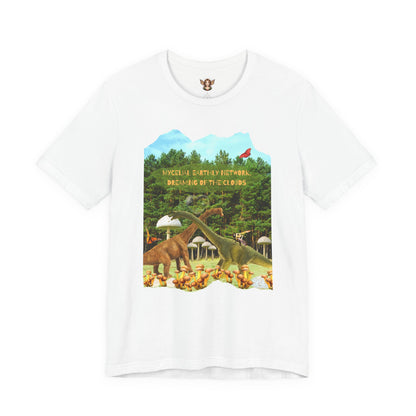 Short Sleeve Tee - Whimsical Dinosaur Forest Design, Mycelial Earthly Network Quote