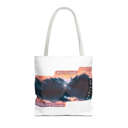 Inspirational Stormy Sky Tote Bag — "When Two Hearts Unite in Light"