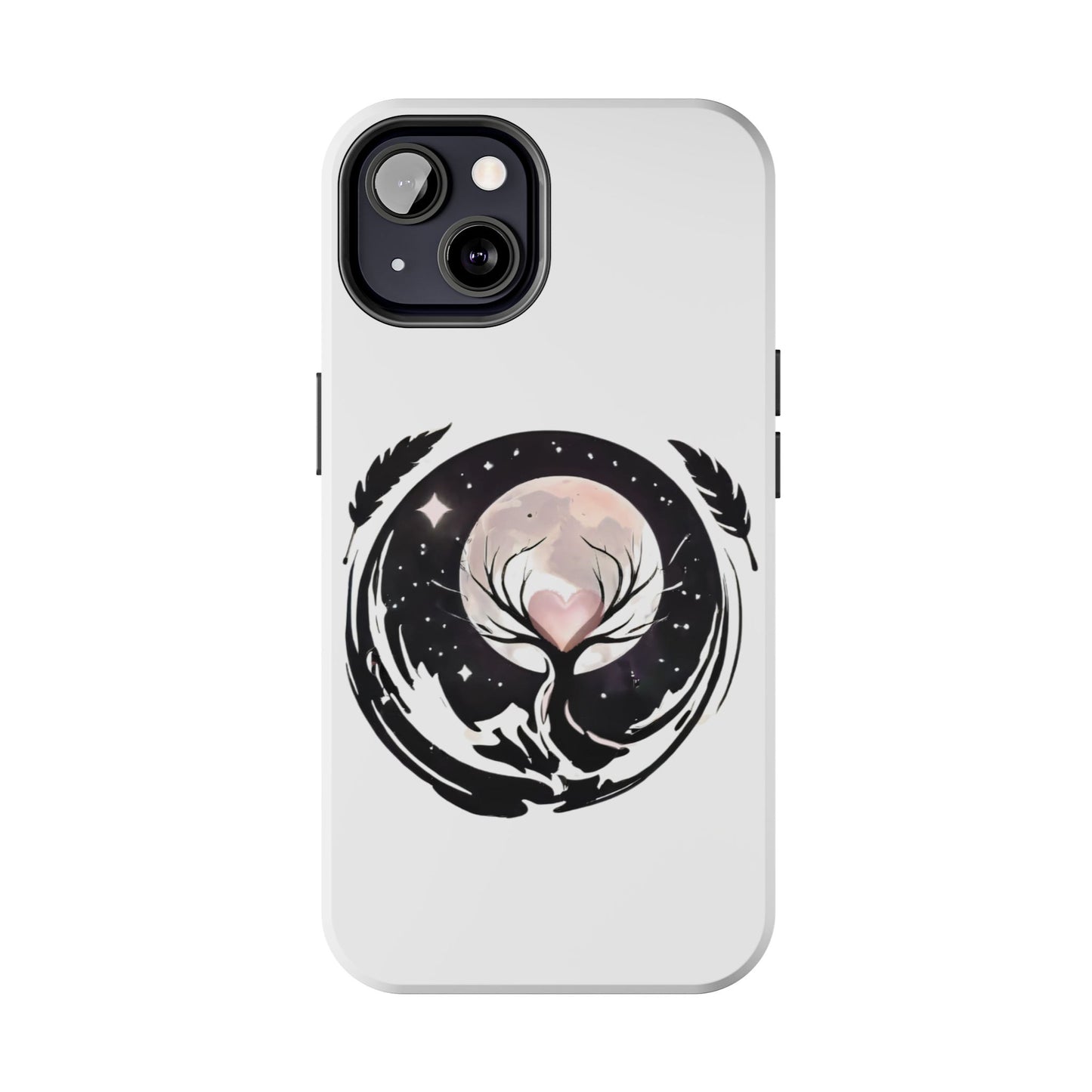 Phone Case - Pink Moon and Heart Nightscape Design, Romantic Whimsical