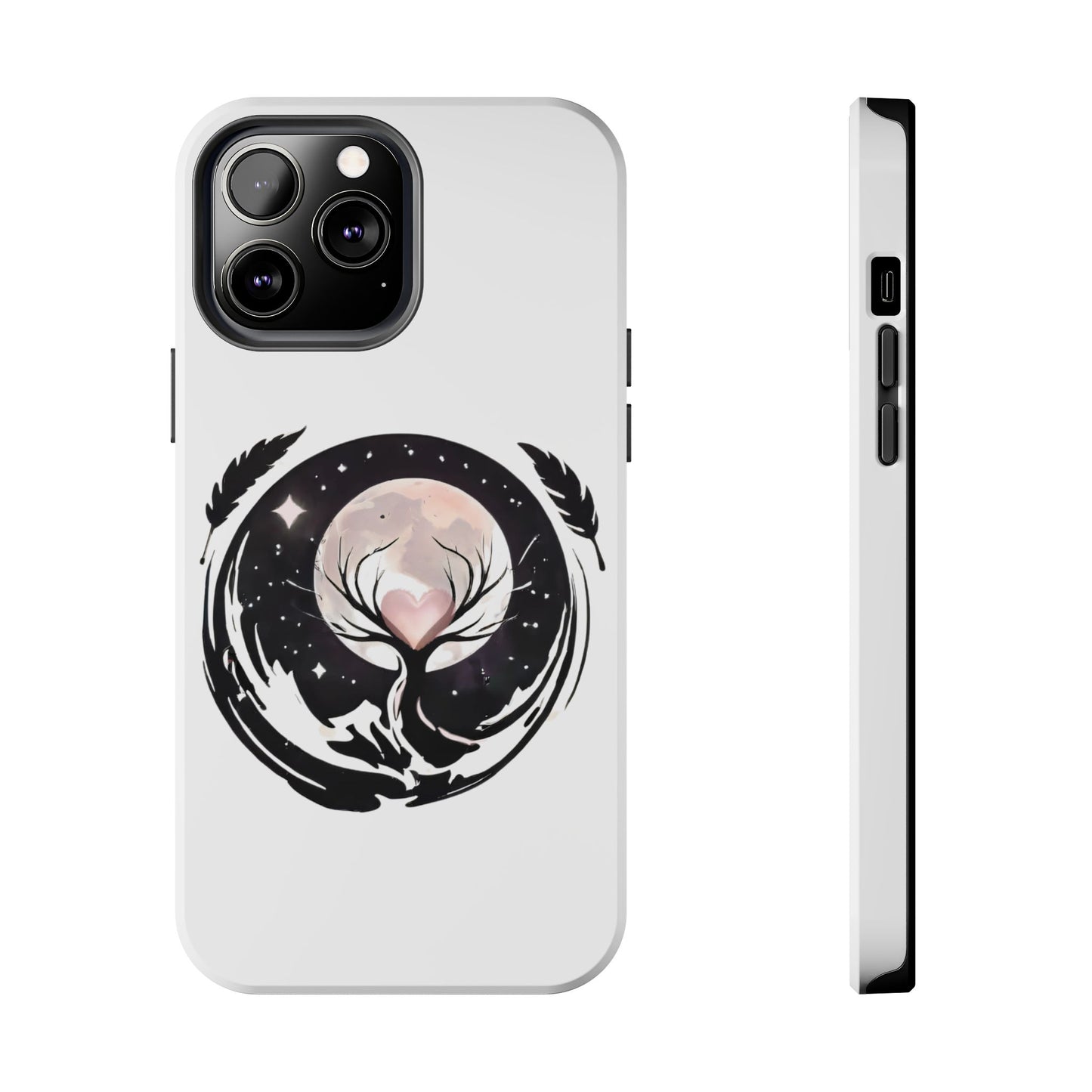 Phone Case - Pink Moon and Heart Nightscape Design, Romantic Whimsical