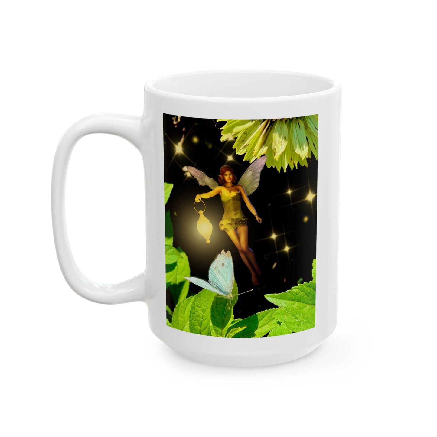 Fairy And Blue Butterfly In A Flower Garden- Ceramic Mug