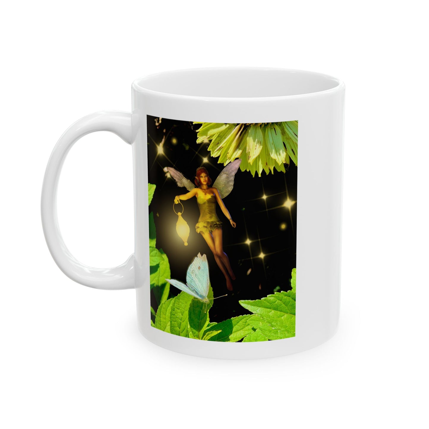 Fairy And Blue Butterfly In A Flower Garden- Ceramic Mug