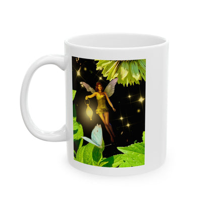 Fairy And Blue Butterfly In A Flower Garden- Ceramic Mug