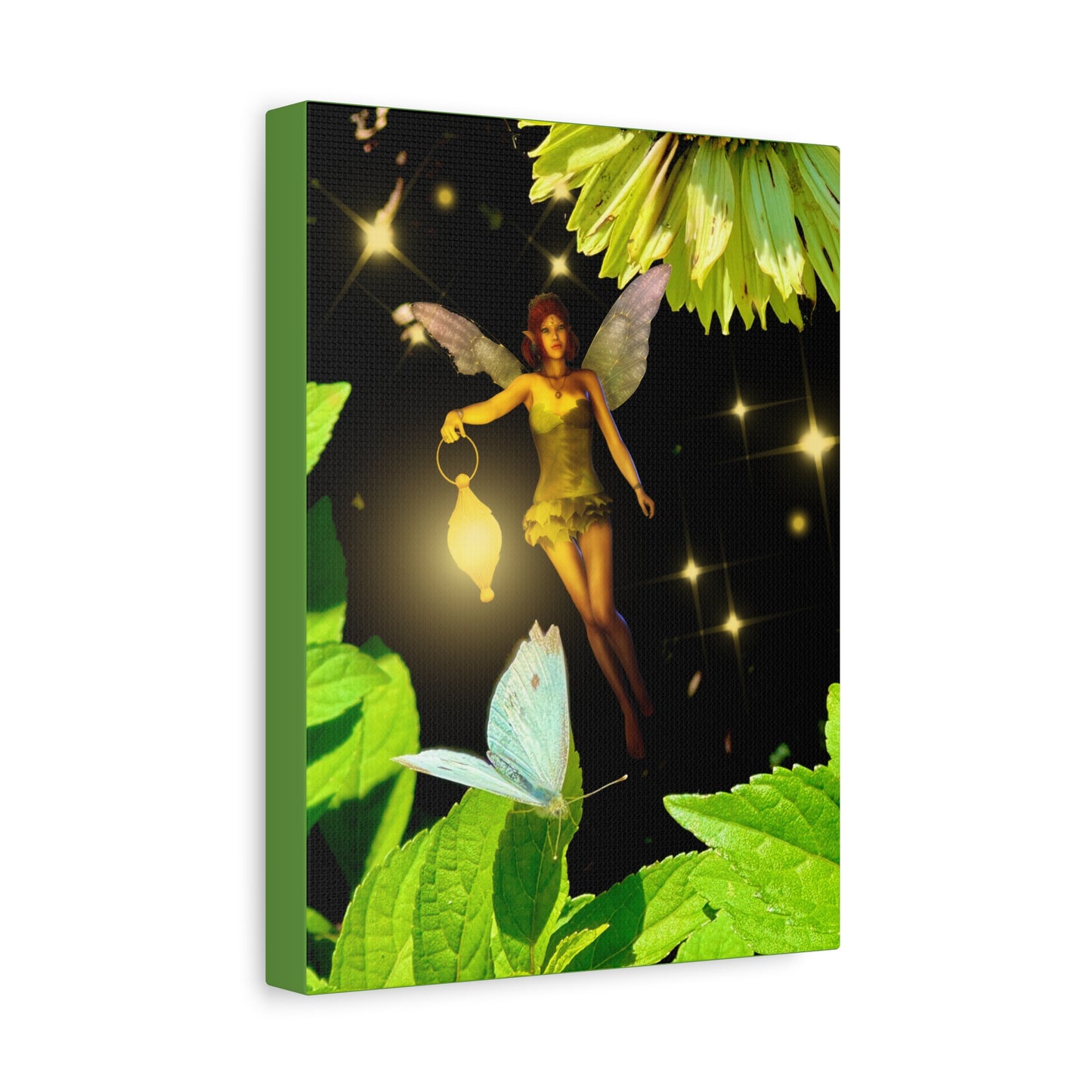 Fairy And Blue Butterfly In A Flower Garden- Canvas Wall Art