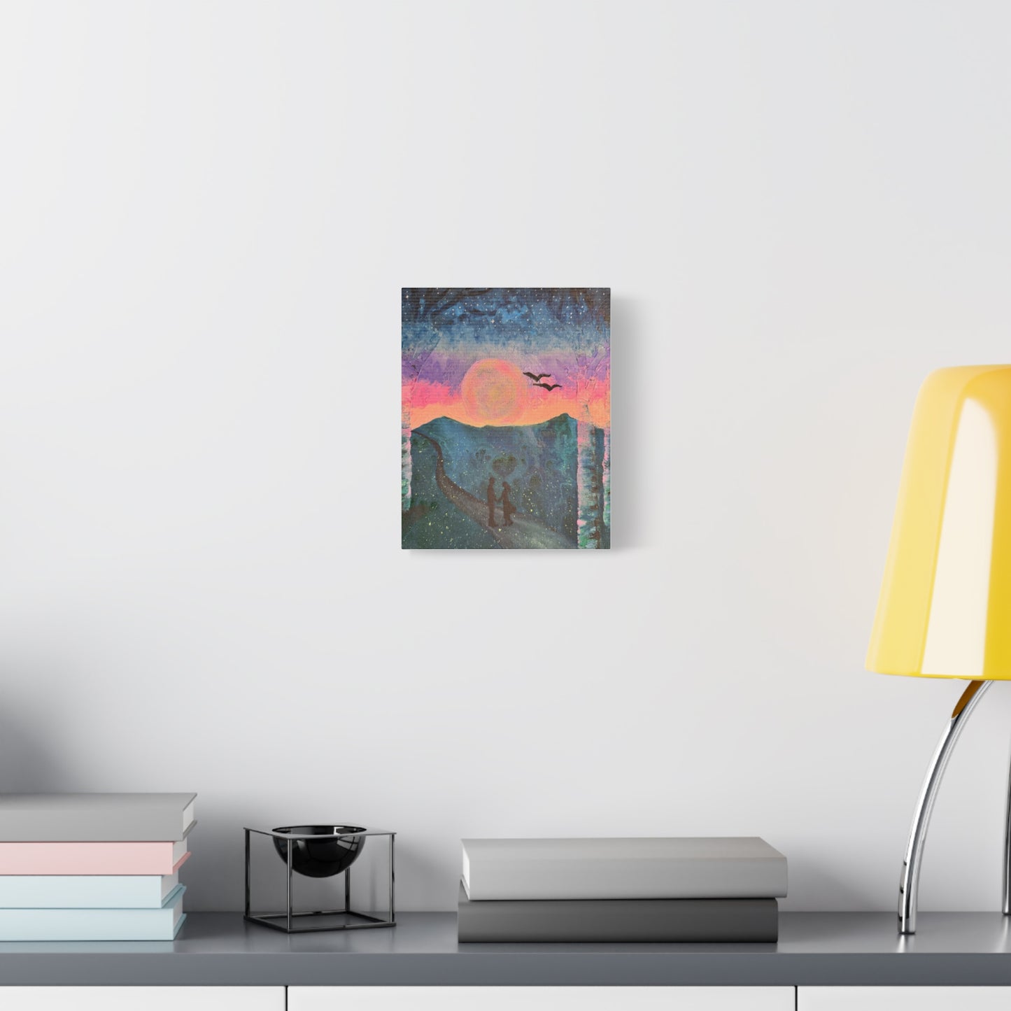 Canvas Wall Art - Enchanting Glowing Moon and Stars with Loving Couple and Fireflies Design