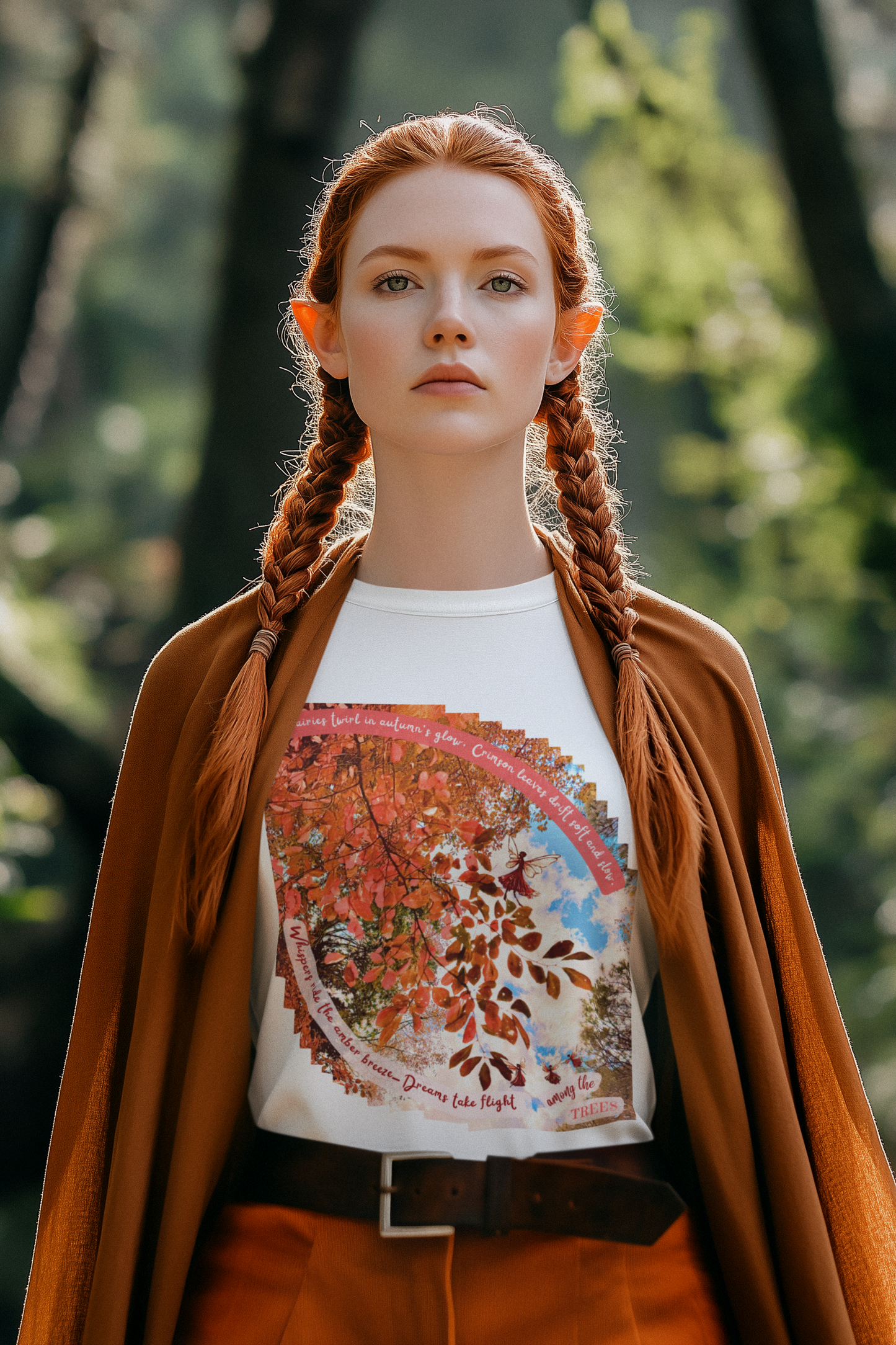 Unisex Short Sleeve Tee- Autumn Fairies and Crimson Leaves Design