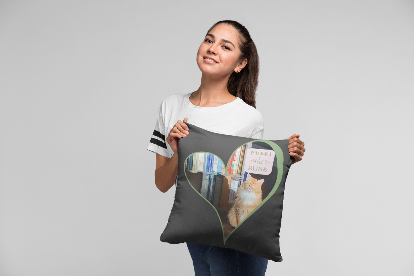 Cat And Book Lover Throw Pillow — "Purrs and Pages Equals Bliss"