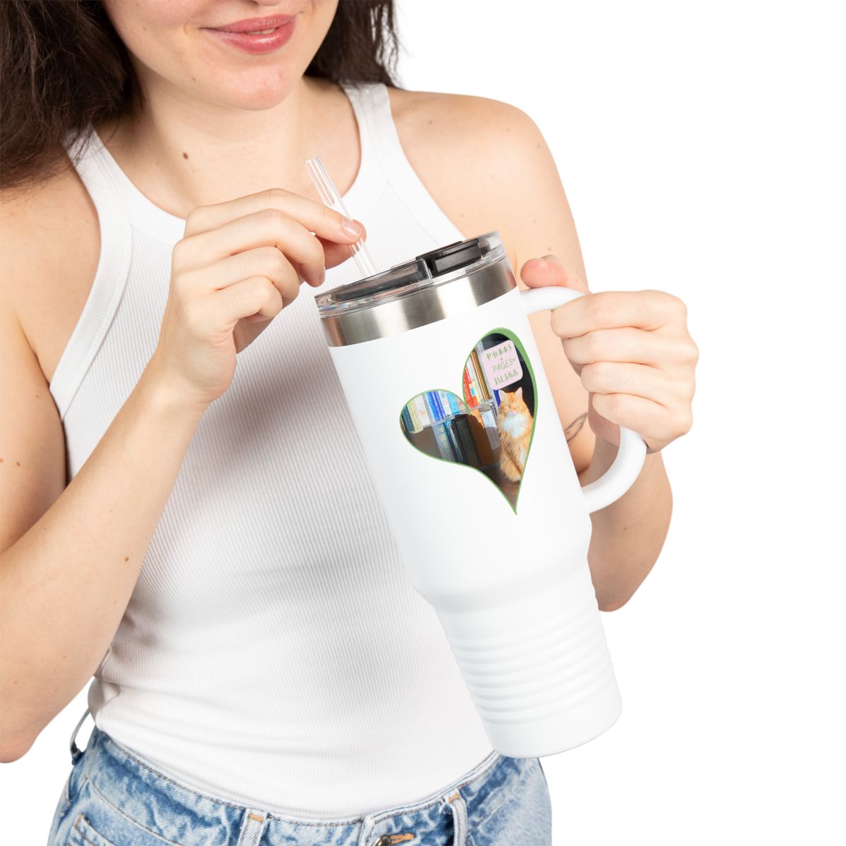 Insulated Travel Mug — "Pages and Purrs Equals Bliss" Cat & Book Lover Tumbler