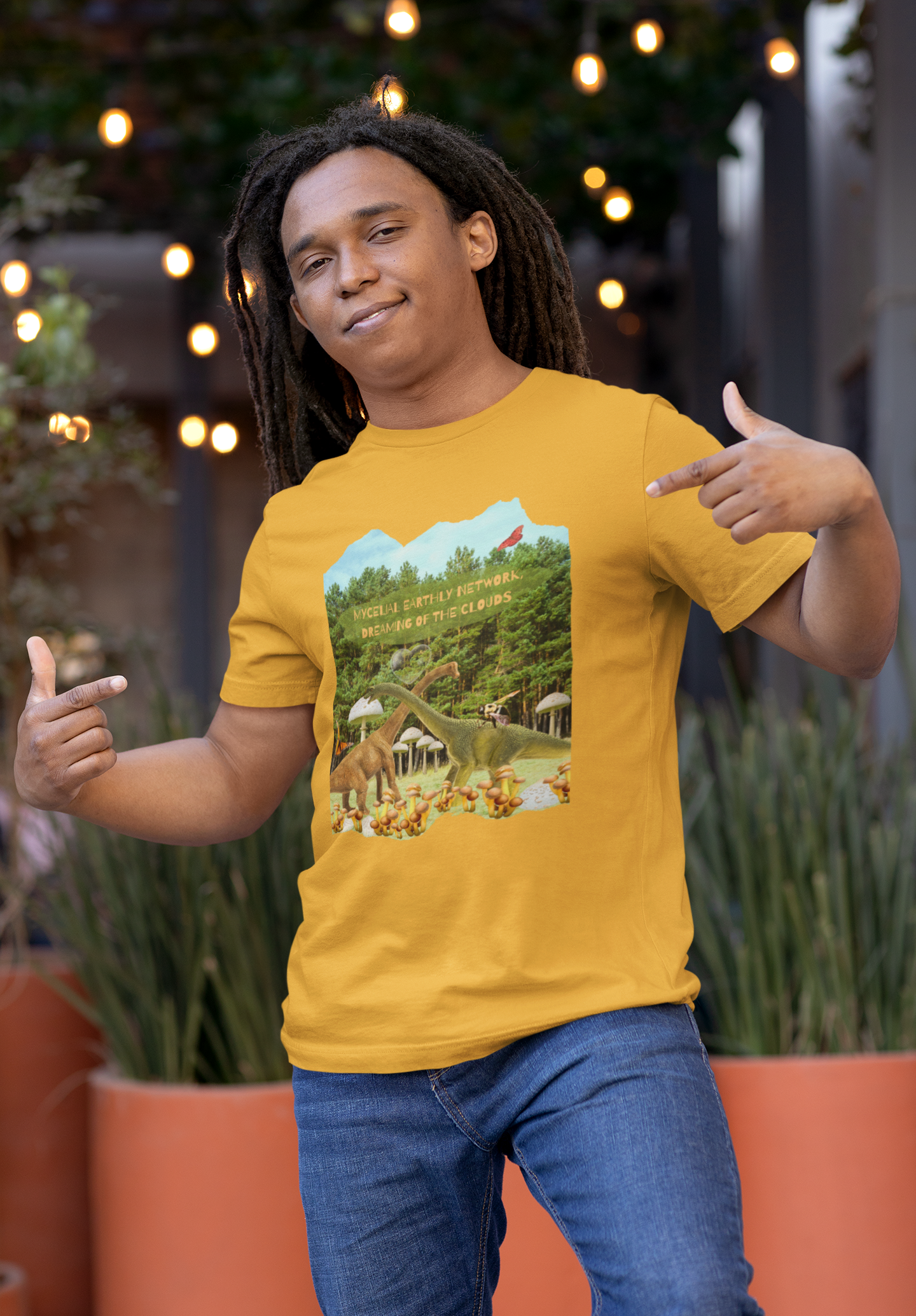 Short Sleeve Tee - Whimsical Dinosaur Forest Design, Mycelial Earthly Network Quote