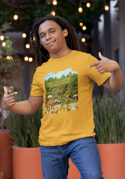 Short Sleeve Tee - Whimsical Dinosaur Forest Design, Mycelial Earthly Network Quote
