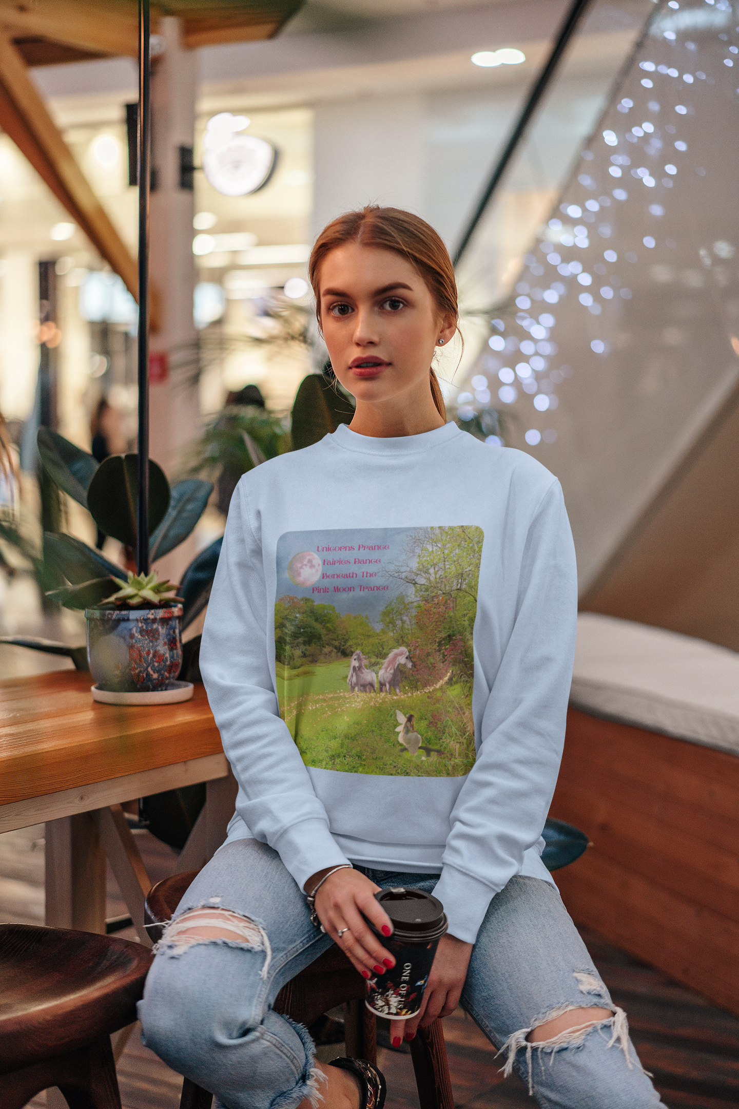 Crewneck Sweatshirt-Whimsical Unicorn and Fairy Autumn Vibe Nature Scene