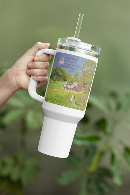 40oz Insulated Travel Mug - Whimsical Unicorn and Fairy Autumn Vibe Nature Scene