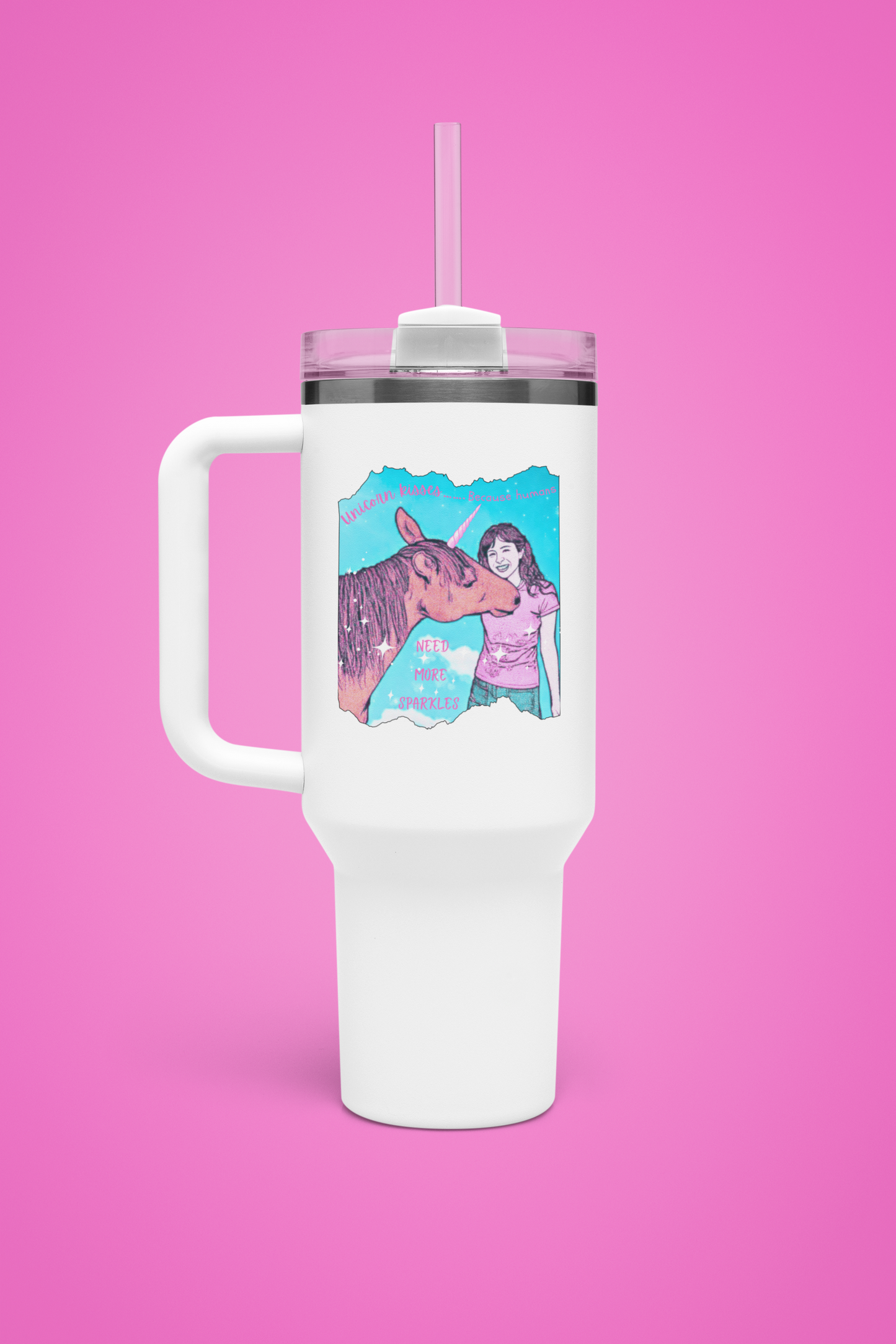 40oz Insulated Travel Mug 'Unicorn Kisses' Whimsical Theme