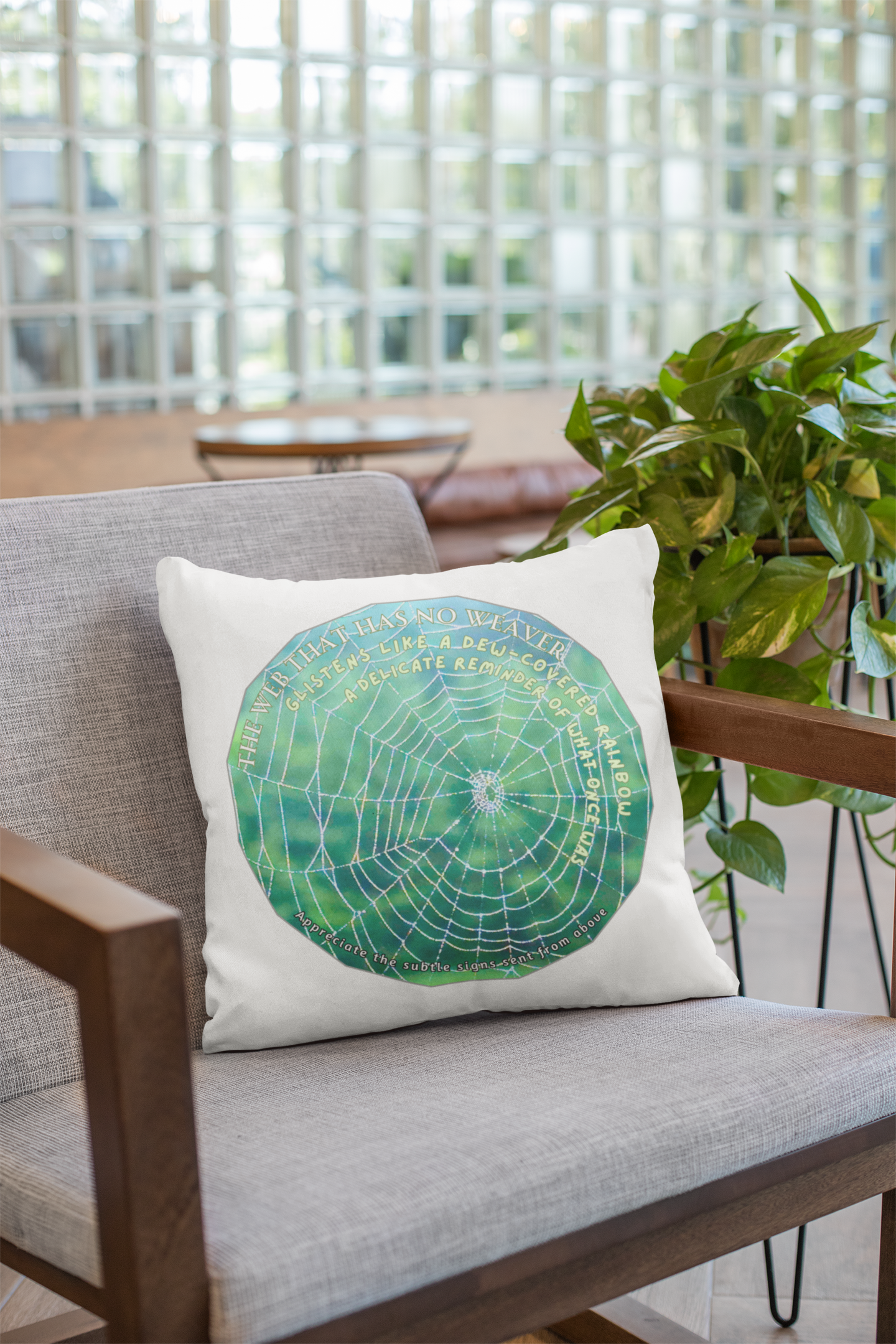 Nature Poetry Square Pillow - Glistening Web Theme