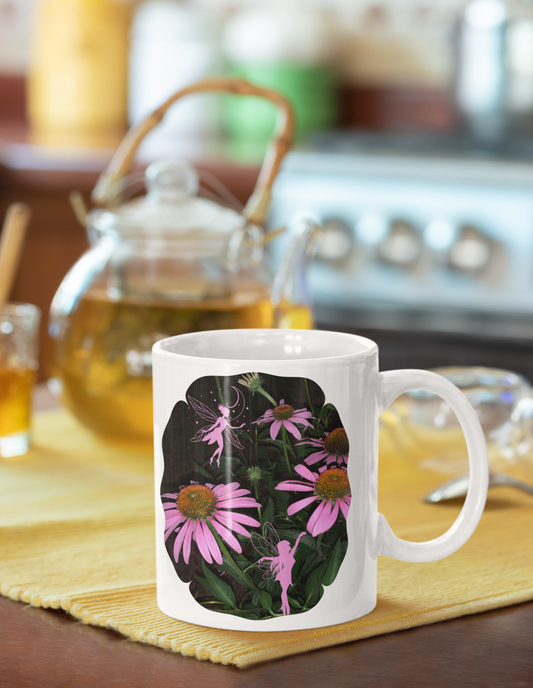 Ceramic Mug (11oz, 15oz) - Healing Echinacea Pink Blossoms and Fairies Midnight Garden