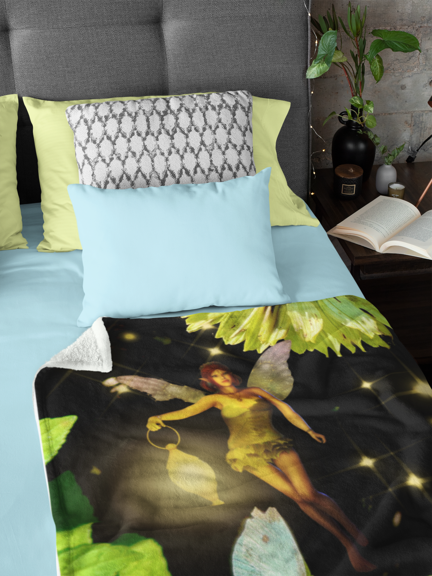 Fairy And Blue Butterfly In A Flower Garden- Velveteen Plush Blanket