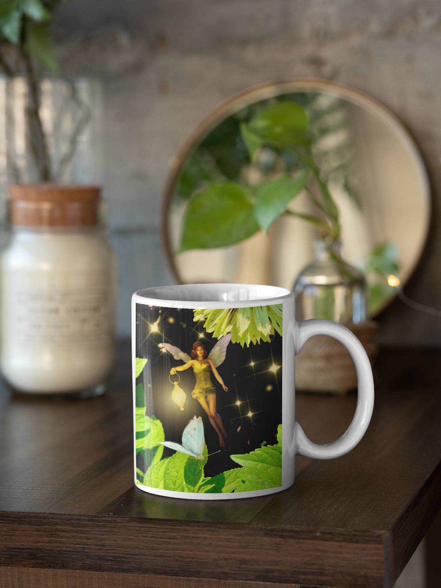 Fairy And Blue Butterfly In A Flower Garden- Ceramic Mug