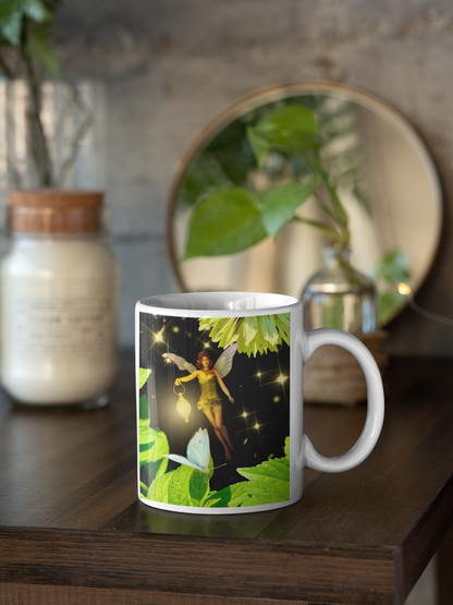 Fairy And Blue Butterfly In A Flower Garden- Ceramic Mug