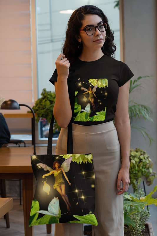 Fairy And Blue Butterfly In A Flower Garden- Unisex Tee
